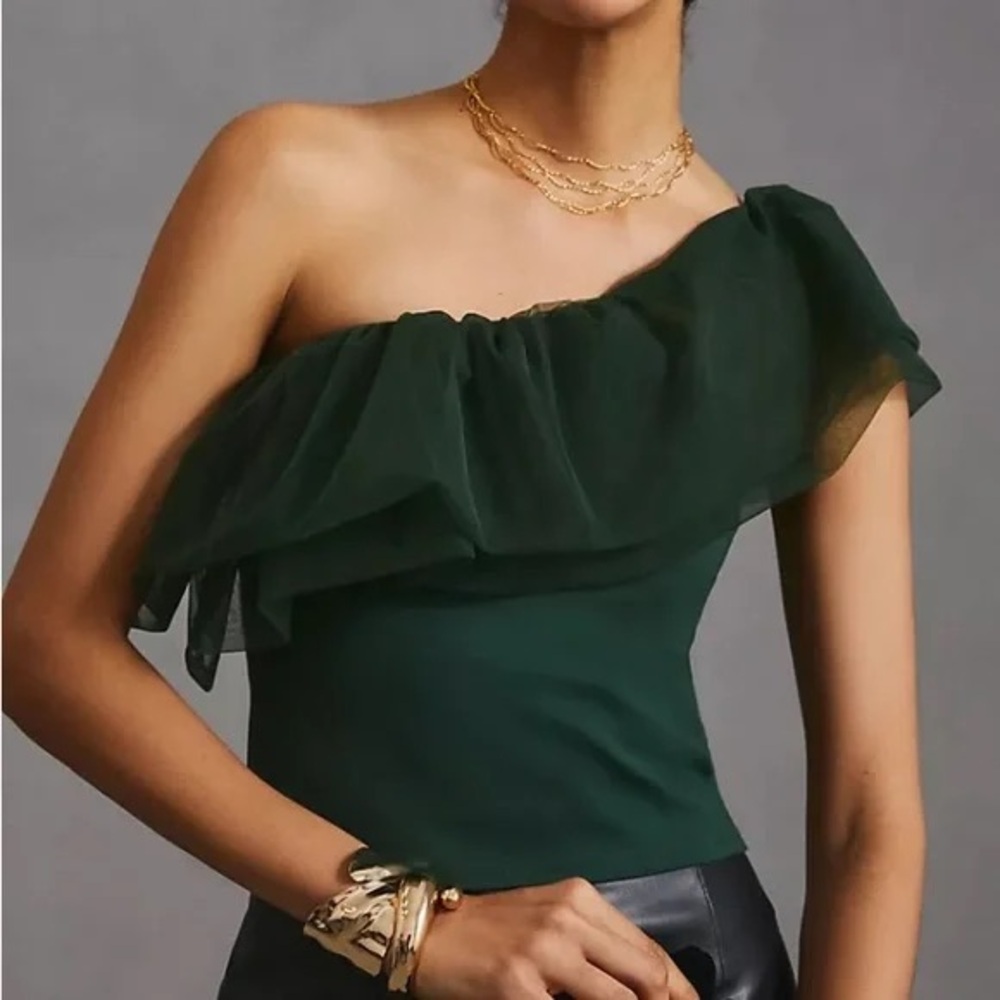 Anthropologie Sunday in Brooklyn One Shoulder Emerald Ruffle Top Size Small